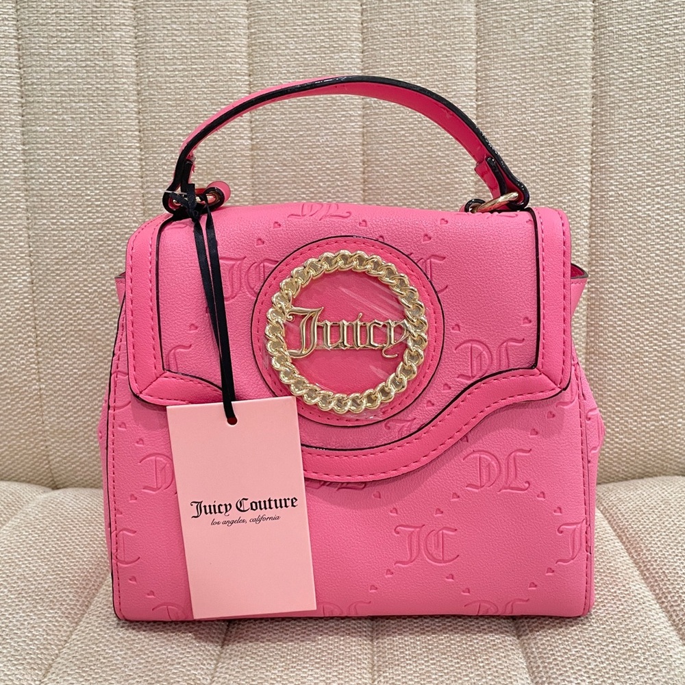 NEW Juicy Couture Hot Pink Embossed‎ Monogram Crossbody Bag Gold Logo Satchel